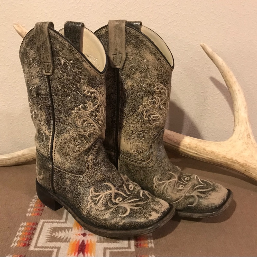 Vintage Girls Leather Square Toe Western Boot